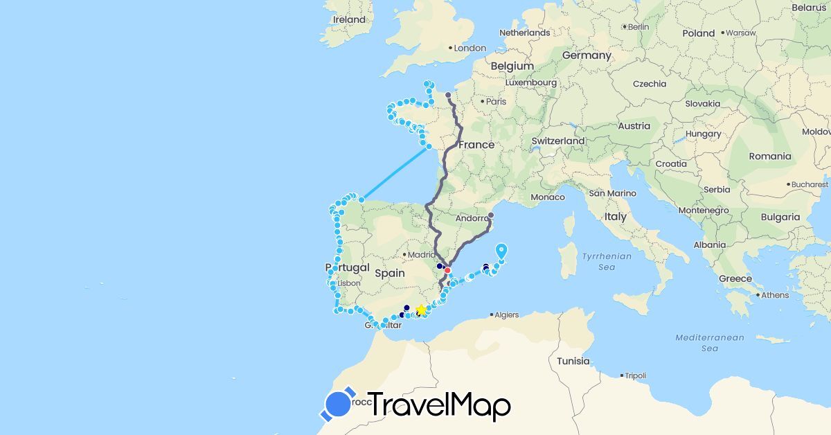 TravelMap itinerary: driving, hiking, boat, voiture in Spain, France, Gibraltar, Portugal (Europe)