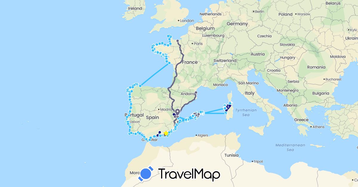 TravelMap itinerary: driving, hiking, boat, bateau, voiture, ferry in Spain, France, Gibraltar, Italy, Portugal (Europe)