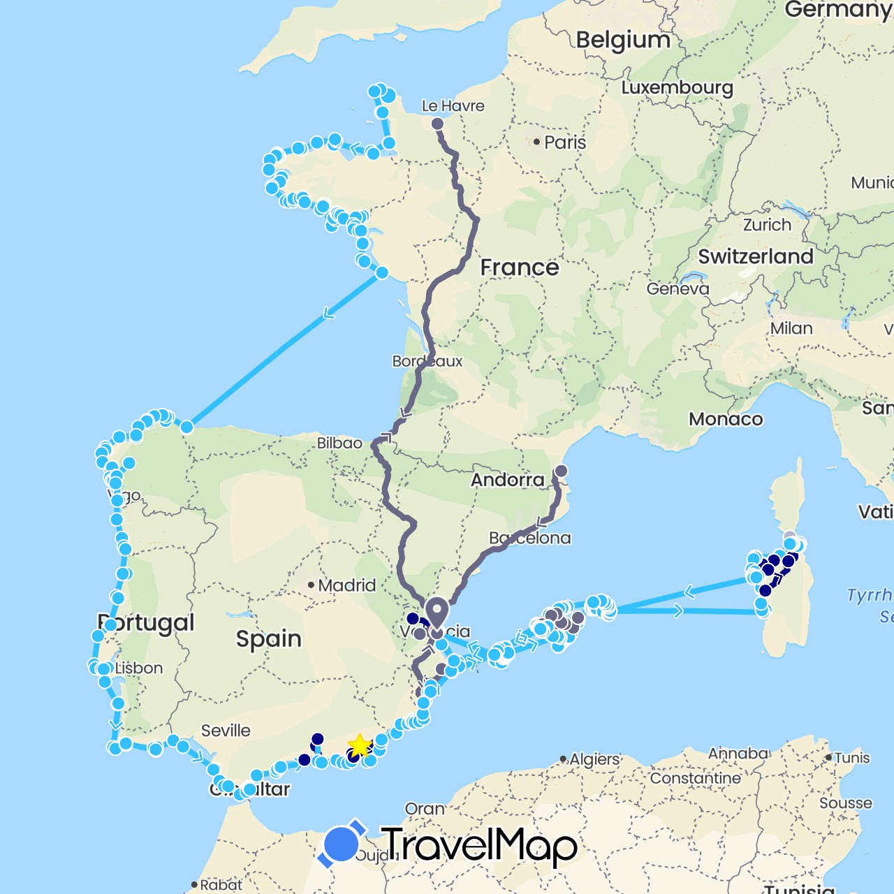 TravelMap itinerary: driving, hiking, boat, bateau, voiture, ferry in Spain, France, Gibraltar, Italy, Portugal (Europe)